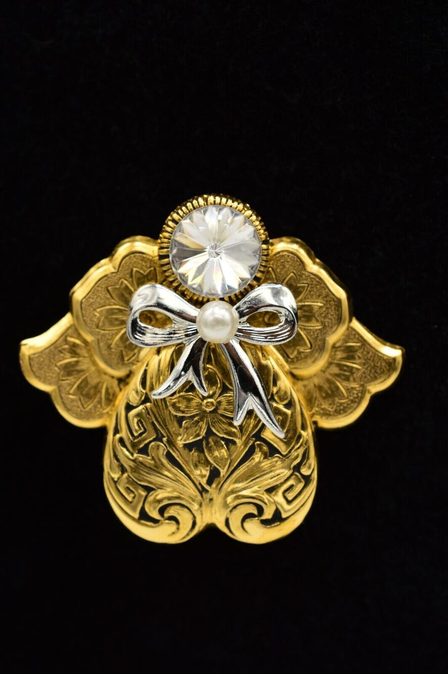 Jane 1995 AOL Signed Vintage Pin Brooch Guardian Gold Angel Rhinestone Chic BinJ